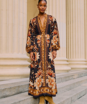 FARM RIO vestido largo negro Majestic Garden con botones y mangas abullonadas