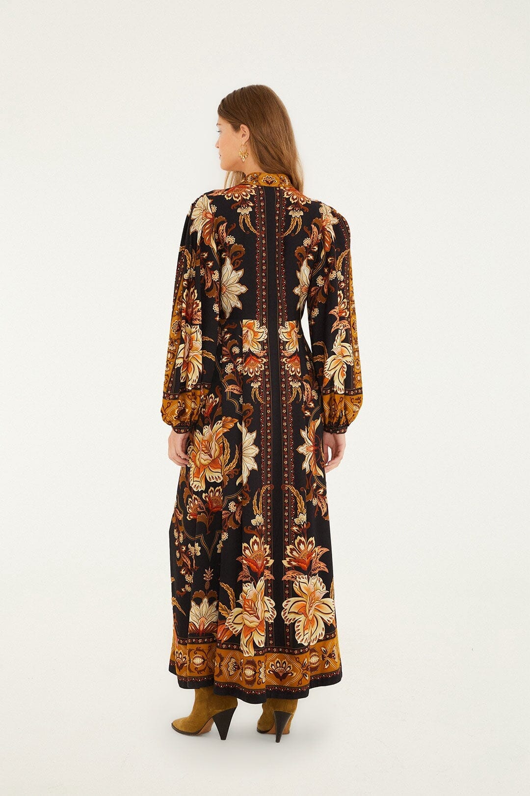 FARM RIO vestido largo negro Majestic Garden con botones y mangas abullonadas - Imagen 3