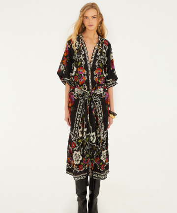 FARM RIO Vestido midi negro con flores rococó