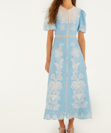 FARM RIO vestido midi light blue embroided