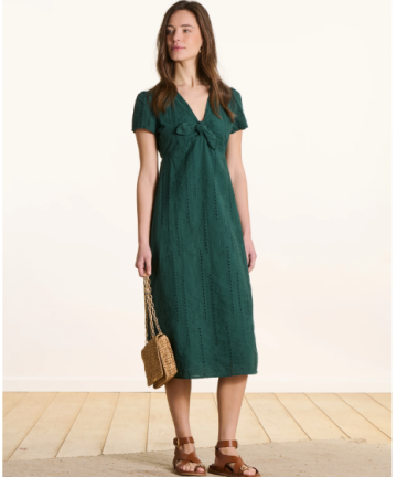 La Fée vestido midi verde oscuro en bordado inglés