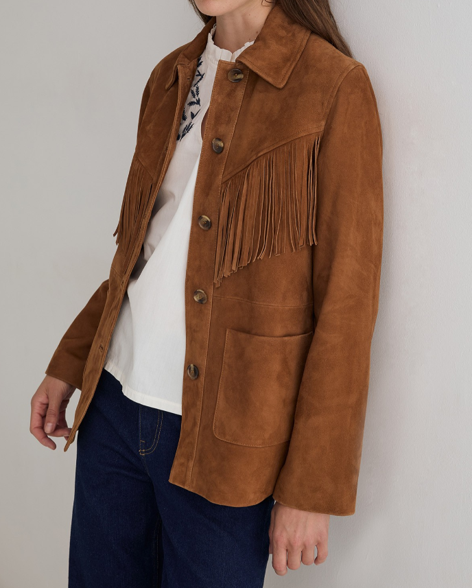 Yerse chaqueta piel ante flecos marrón - Imagen 3
