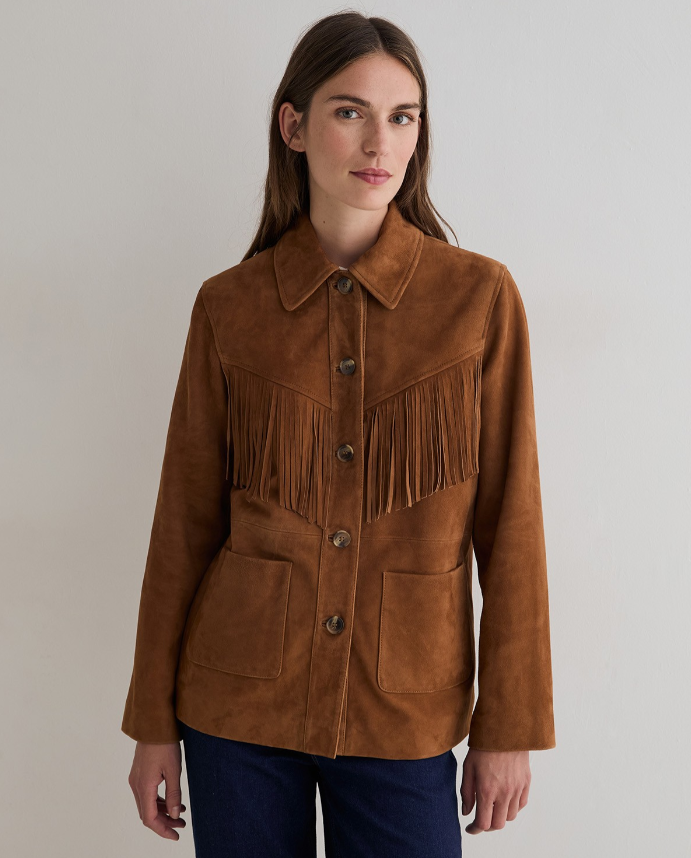 Yerse chaqueta piel ante flecos marrón - Imagen 4