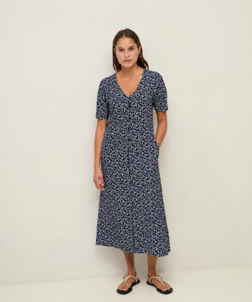 Yerse vestido midi fluido flores azul marino